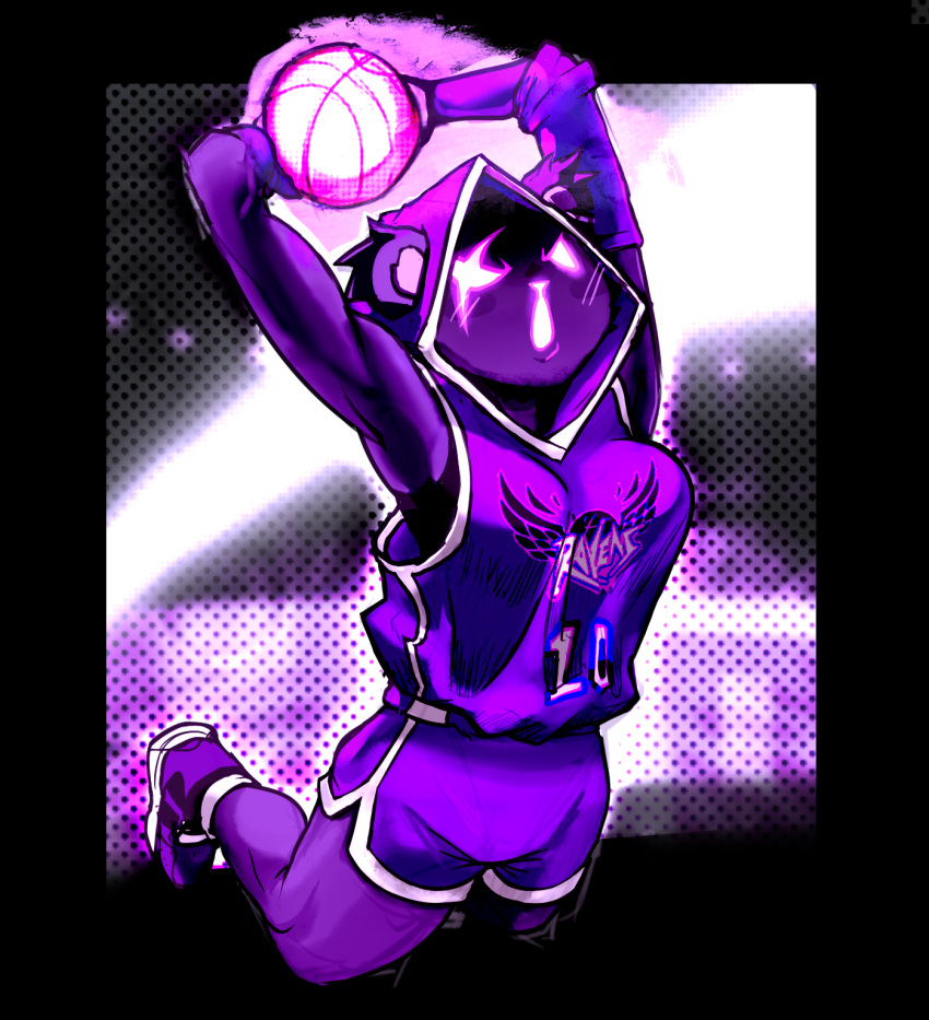 >:o 2024 action_pose alternate_costume anthro ball basketball basketball_(ball) basketball_uniform bear ben_day_dots breasts clothing dark_body dark_fur dunking elbow_pads energy_ball epic_games female footwear fortnite full-length_portrait fur hi_res holding_object hood mammal medium_breasts megajenta midair open_mouth portrait pose purple_body purple_clothing purple_fur raven_team_leader shaded shirt shoes sneakers solo sportswear topwear undershirt uniform