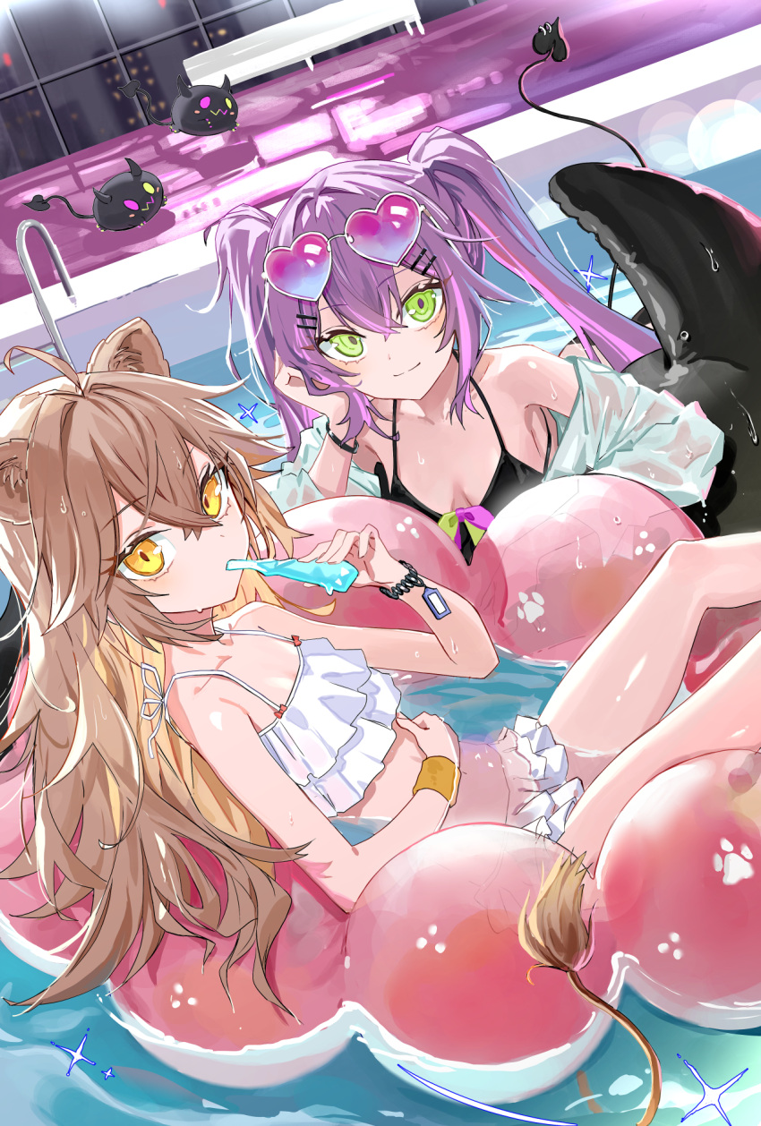 2girls afloat ahoge alternate_costume animal_ears bare_shoulders bibi_(tokoyami_towa) bikini black_bikini breasts breasts_apart brown_hair closed_mouth commentary creator_and_creation creator_connection demon_girl demon_tail doughnut_innertube expressionless eyewear_on_head flat_chest food food_in_mouth green_eyes hand_on_own_stomach hand_rest head_rest heart heart-shaped_eyewear highres holding holding_food hololive indie_virtual_youtuber indoors innertube light_smile lion_ears lion_girl lion_tail long_hair looking_at_viewer multiple_girls off_shoulder on_innertube open_clothes open_shirt partially_submerged pool purple_hair rurudo_lion ryoma_(rym_369) shirt small_breasts sparkle split_mouth swim_ring swimsuit symbol-only_commentary tail tokoyami_towa twintails virtual_youtuber wet wet_clothes wet_shirt yellow_eyes