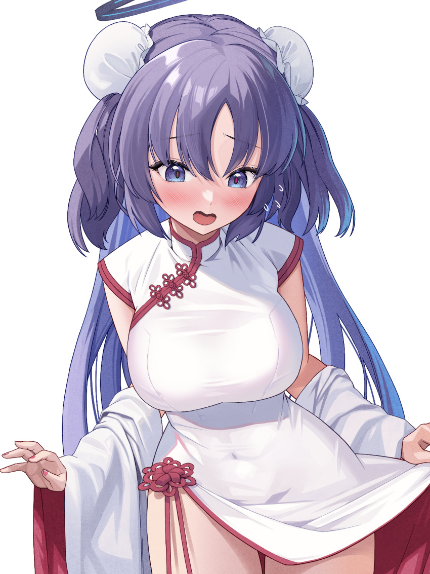 atori blue_archive blush breasts bun_cover china_dress chinese_clothes covered_navel detached_sleeves double_bun dress female hair_bun halo highres large_breasts long_hair mechanical_halo open_mouth purple_eyes purple_hair simple_background solo two_side_up very_long_hair white_background white_dress wide_sleeves yuuka_(blue_archive)