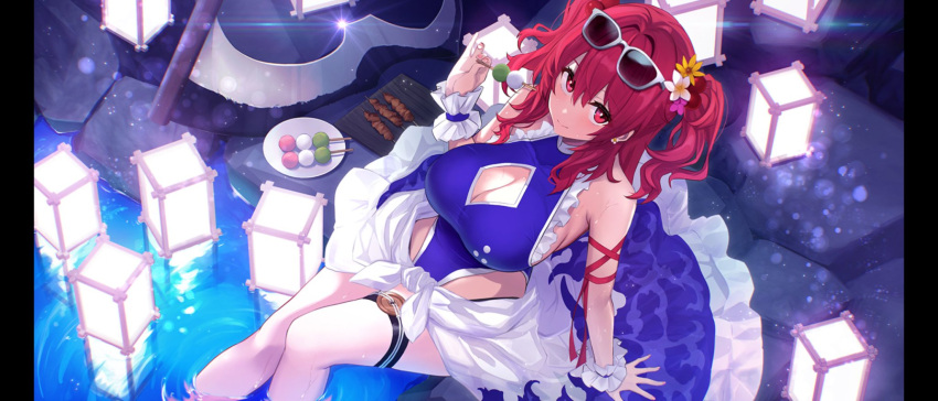 1girls adapted_costume blue_one-piece_swimsuit cleavage cleavage_cutout dango eyewear_on_head from_above hair_bobbles hair_flower komachi_onozuka lantern large_breasts looking_at_viewer onozuka_komachi red_eyes red_hair sitting solo sunglasses touhou touhou_gensou_eclipse two_side_up untue