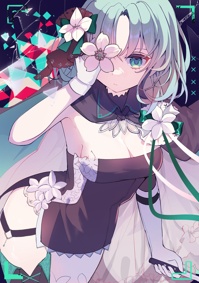 arcaea black_cape black_dress blue_background bob_cut breasts cape cleavage clover_39 commentary dress female flower flower_over_eye frown gloves green_eyes green_hair hair_flower hair_ornament hand_fan hand_over_eye highres holding holding_fan looking_at_viewer medium_breasts saya_(arcaea) short_hair solo thigh_strap two-sided_fabric upper_body white_cape white_flower white_gloves