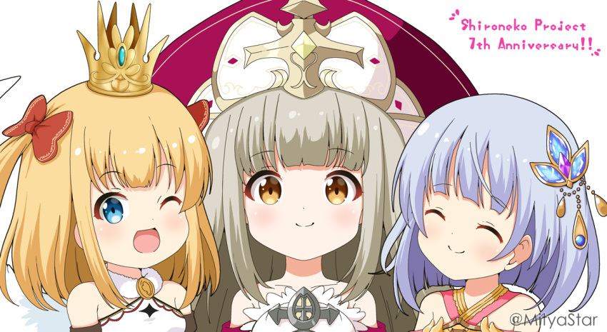 3girls ;d ^_^ anniversary bare_shoulders blonde_hair blue_eyes blue_hair blush bow brown_eyes brown_hair closed_eyes closed_mouth commentary_request crown feathered_wings hair_ornament hairbow hat long_hair loussier_ellerensia marl_(shironeko_project) mini_crown mitya multiple_girls one_eye_closed open_mouth purple_headwear red_bow shironeko_project shirt simple_background smile tina_topia twitter_username two_side_up white_background white_shirt white_wings wings