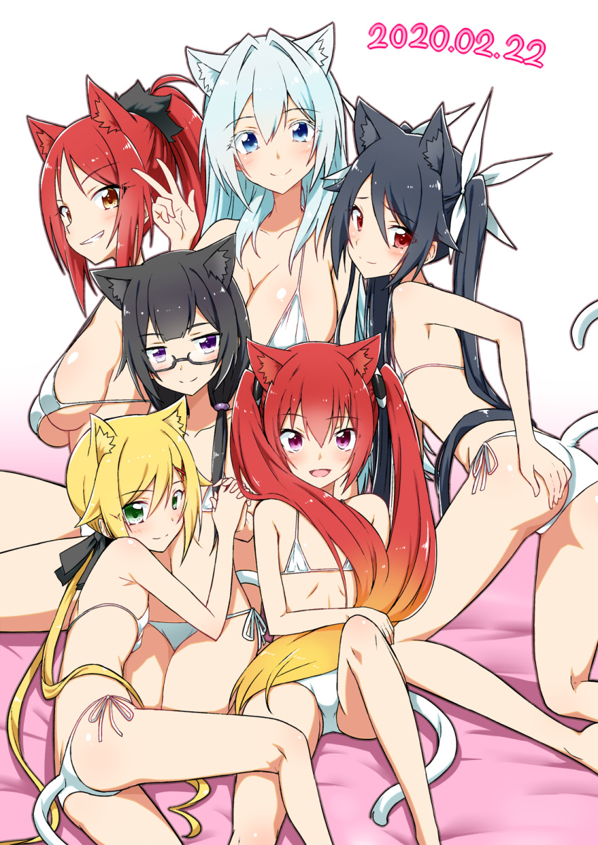 2020 6+girls animal_ears bed_sheet bikini black_hair blonde_hair blue_eyes breasts cat_day cat_ears cat_girl cat_tail collarbone commentary_request dated flat_chest glasses gradient_hair green_eyes grey_hair grin hair_between_eyes hair_ribbon hand_on_own_ass highres holding_hands iisuna_anko iwabane_yuno knee_up large_breasts long_hair looking_at_viewer lying medium_breasts multicolored_hair multiple_girls orange_eyes ore_twintail_ni_narimasu ponytail purple_eyes red_eyes red_hair ribbon shindou_erina sidelocks simple_background smile swept_bangs swimsuit tail tailred tsube_aika twintails twoearle v very_long_hair white_background white_bikini yuto_(dialique)