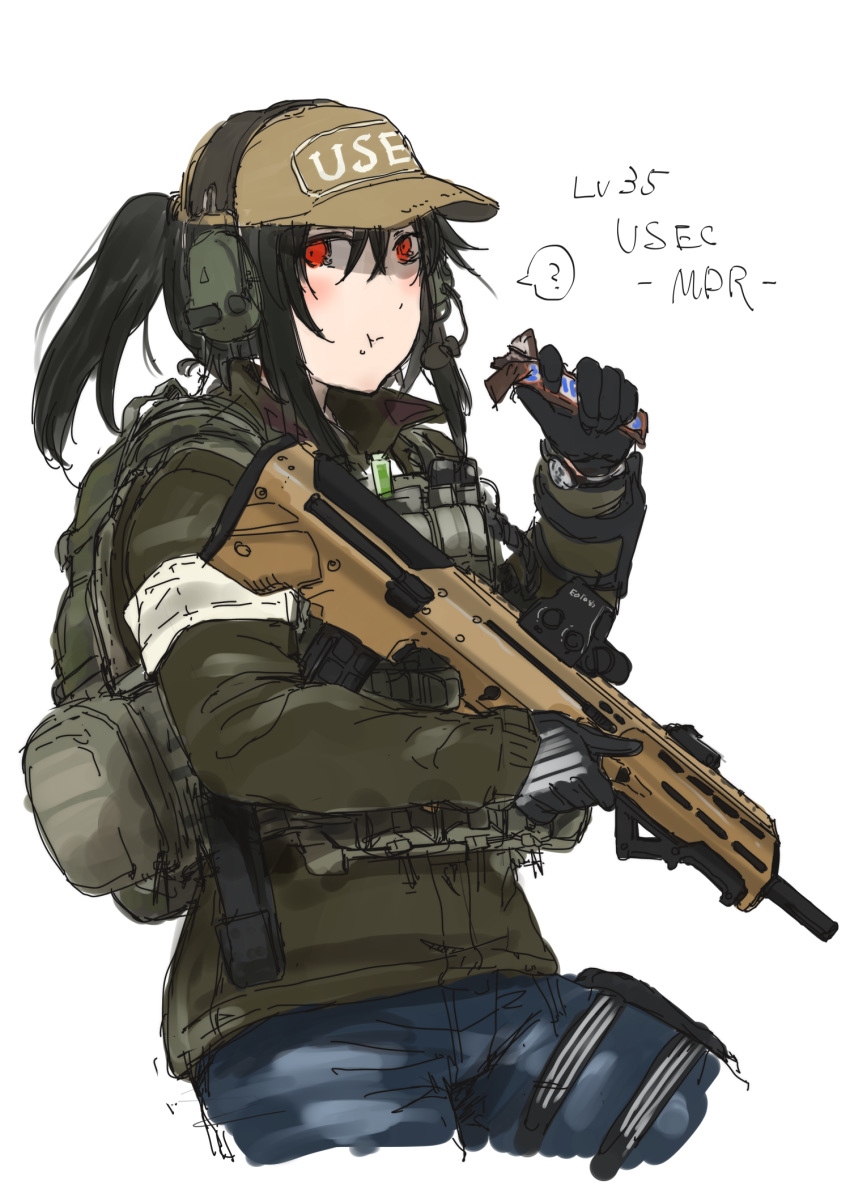 ? assault_rifle ayyh backpack bag baseball_cap black_hair blush bullpup candy candy_bar candy_wrapper commentary_request desert_tech_mdr ear_protection eating escape_from_tarkov female food gun hat highres jacket leg_holster military_operator partially_unwrapped_candy red_eyes reflex_sight rifle short_ponytail snickers_(brand) speech_bubble spoken_question_mark tactical_clothes weapon white_background wrapped_candy