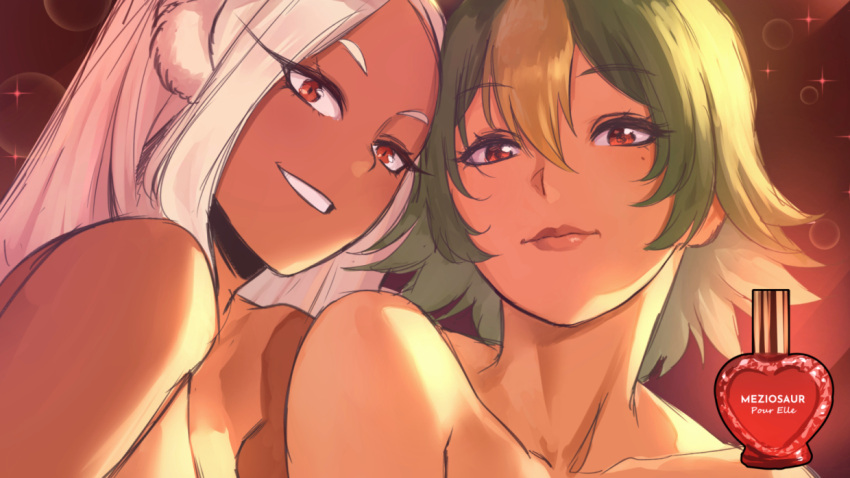 2girls artist_name bare_shoulders blonde_hair boku_no_hero_academia brown_eyes brown_lips closed_mouth collarbone commentary crossover dark-skinned_female dark_skin english_commentary fire_emblem fire_emblem_heroes green_hair grin laegjarn_(fire_emblem) lips long_hair looking_at_viewer meziosaur mirko mole mole_under_eye multicolored_hair multiple_girls smile streaked_hair two-tone_hair white_hair