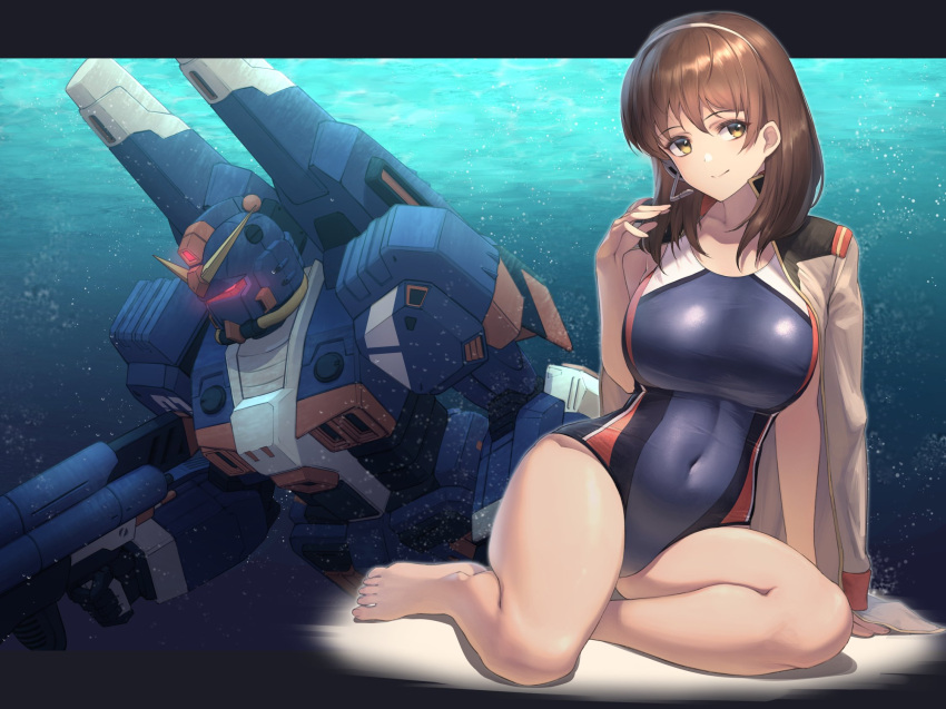 barefoot black_one-piece_swimsuit breasts brown_eyes brown_hair commentary_request competition_swimsuit covered_navel female glowing glowing_eyes gundam gundam_lost_war_chronicles gundam_marine_type highres itaco jacket jacket_on_shoulders large_breasts looking_at_viewer mecha medium_hair military_jacket navel noel_anderson one-piece_swimsuit robot science_fiction sitting smile swimsuit underwater v-fin yokozuwari