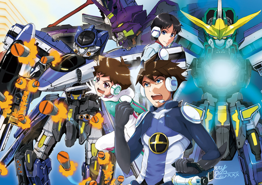 3boys 500_kodama_(shinkalion) 500_type_eva black_hair blue_eyes bodysuit clenched_hands crossover e5_x_500 facial_hair father_and_son firing geri_kumaarashi hayasugi_hayato hayasugi_hokuto headset holding holding_shield horns ikari_shinji looking_at_viewer male_focus mecha missile multiple_boys neon_genesis_evangelion open_hand open_mouth pilot_suit purple_eyes robot science_fiction shield shinkalion_(series) shinkansen_henkei_robo_shinkalion single_horn smile stubble v-fin yellow_eyes