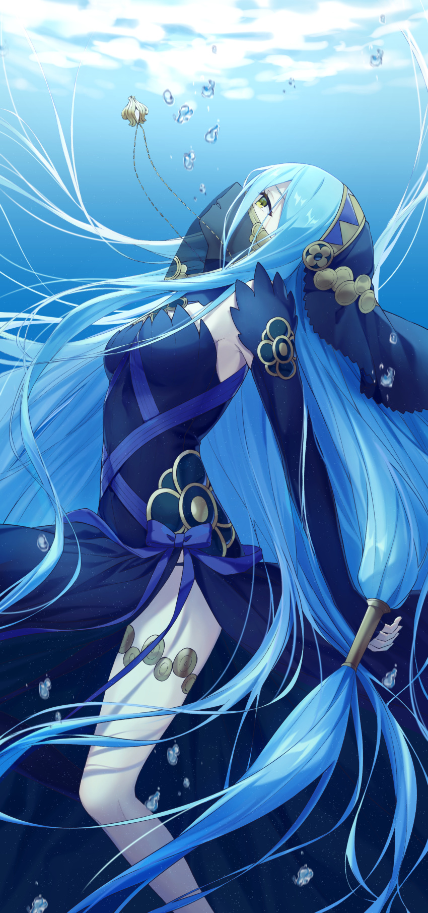 absurdres air_bubble azura_(fire_emblem) azura_(performing_arts)_(fire_emblem) bad_id bad_pixiv_id bare_legs black_dress blue_hair blue_ribbon breasts bubble commentary dress feet_out_of_frame female fire_emblem fire_emblem_fates fire_emblem_heroes from_side hair_between_eyes highres jewelry long_hair looking_up low-tied_long_hair medium_breasts parted_lips pendant poppy_(poppykakaka) profile ribbon solo thighs underwater veil very_long_hair yellow_eyes