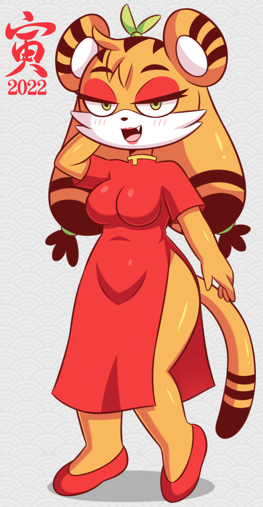 absurd_res anthro asian_clothing breasts chinese_clothing chinese_dress clothing countershading dou_(diives) dress east_asian_clothing felid female fur hi_res huitu_c mammal orange_body orange_fur pantherine solo thick_thighs tiger wide_hips xingzuo_temple