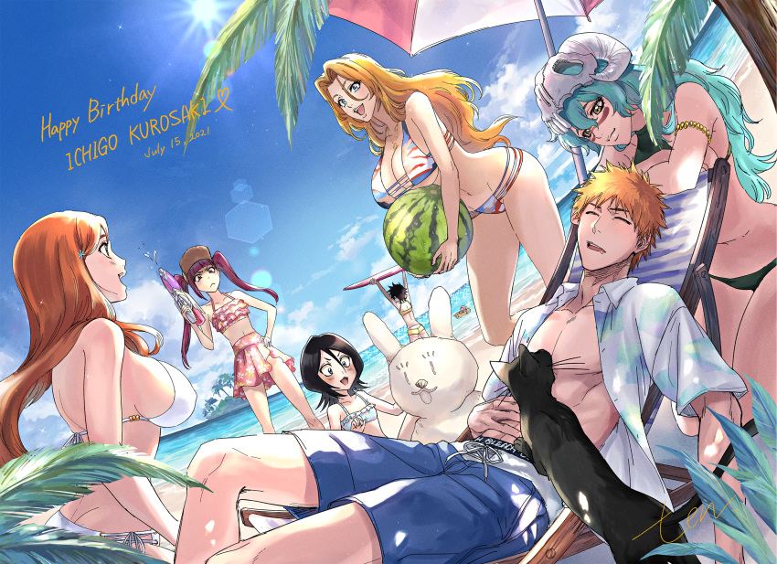 1boy 2021 6+girls arisawa_tatsuki beach beach_umbrella bikini black_cat black_hair bleach blue_bikini blue_eyes blue_shorts blue_sky breast_rest breasts carried_breast_rest carrying chair cleavage commentary_request covered_nipples curled_horns dated_commentary day dokugamine_riruka facial_mark feline flat_chest food frilled_bikini frills fruit green_bikini green_hair hair_between_eyes hair_ornament hairclip highres holding holding_food holding_fruit holding_toy horns inoue_orihime island jewelry kuchiki_rukia kurosaki_ichigo kusajishi_yachiru large_breasts leaning_forward long_hair lounge_chair matsumoto_rangiku mature_female mole mole_under_mouth multicolored_bikini multicolored_clothes multiple_girls necklace nelliel_tu_odelschwanck ocean open_clothes open_mouth open_shirt orange_hair outdoors palm_tree red_bikini red_eyes red_hair sand_sculpture seashell shell shihouin_yoruichi shihouin_yoruichi_(cat) shirt shorts side-tie_bikini_bottom signature skull_on_head sky sleeping spiked_hair standing sun surfboard swimsuit ten0u0 toy tree twintails two-tone_umbrella umbrella water water_gun white_shirt yellow_eyes