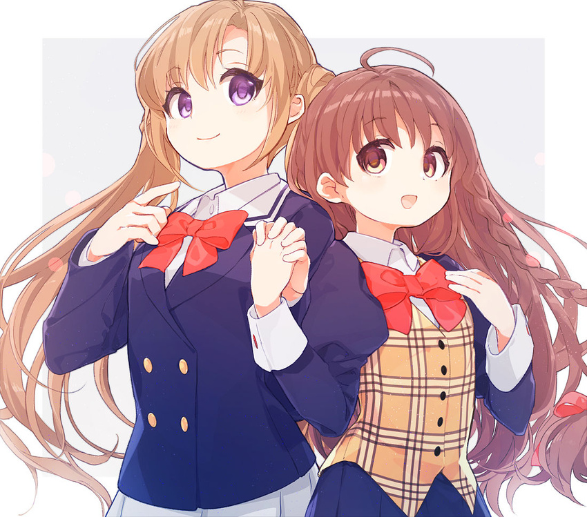 2girls ahoge back-to-back black_skirt blazer blue_jacket blue_skirt bow bowtie braid brown_eyes brown_hair holding_hands jacket karen_(sister_princess) koshou_shichimi long_hair multiple_girls plaid plaid_vest pleated_skirt purple_eyes red_bow red_bowtie sakuya_(sister_princess) school_uniform sister_princess sister_princess_virtual_youtuber_project skirt twin_braids twintails upper_body vest virtual_youtuber