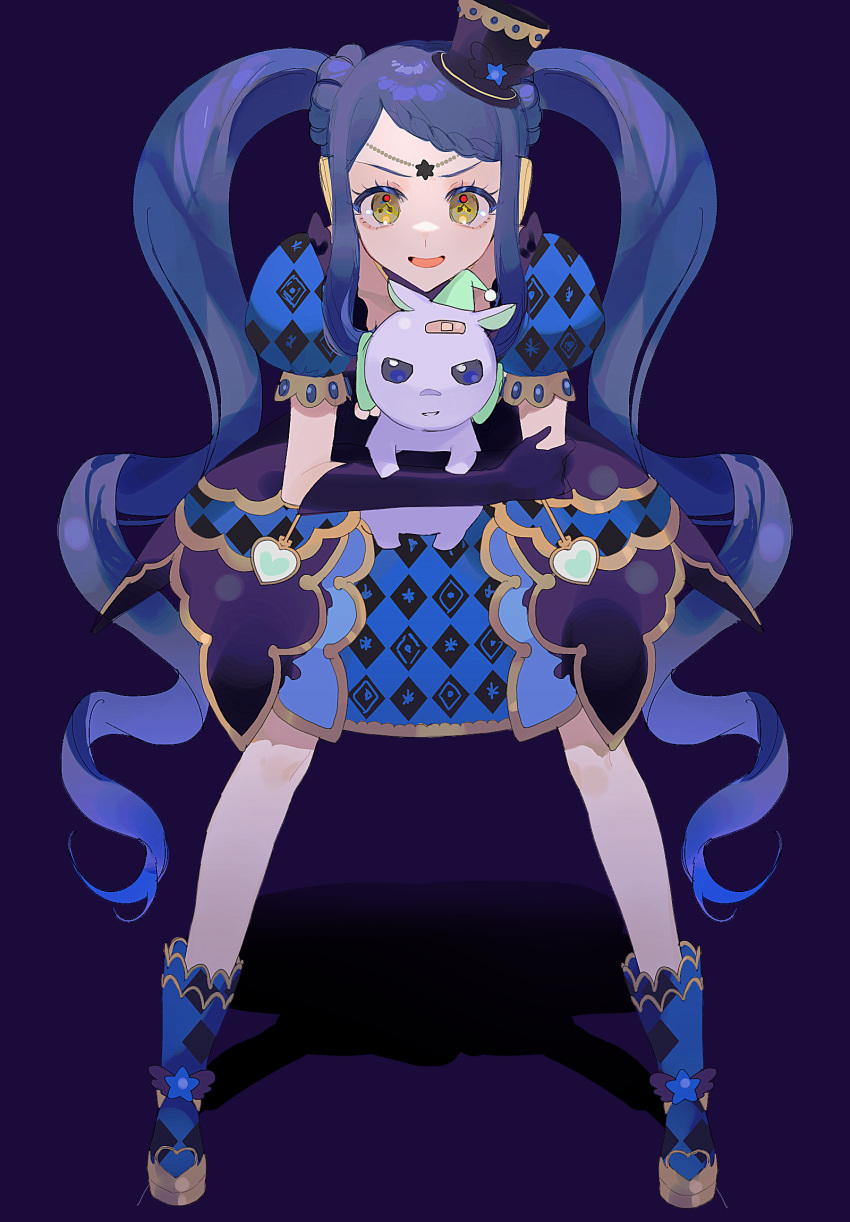 argyle_clothes argyle_dress baku_(creature) bandaid black_dress black_footwear blue_background blue_dress blue_footwear blue_hair blue_theme boots braid braided_bangs clock_eyes creature dress drill_hair elbow_gloves evil_smile female garara_s_leep gloves glowing glowing_eyes hat head_chain headphones headpiece highres holding holding_creature idol_time_pripara jewelry leaning_forward long_hair looking_at_viewer mini_hat mini_top_hat multicolored_clothes multicolored_dress multicolored_eyes multicolored_footwear nima_(nimamann) open_mouth pakku_(pripara) pointy_hat pom_pom_(clothes) pretty_series print_dress pripara puffy_short_sleeves puffy_sleeves purple_gloves red_eyes shadow short_sleeves simple_background smile symbol-shaped_pupils tapir top_hat twin_drills twintails v-shaped_eyebrows very_long_hair yellow_eyes