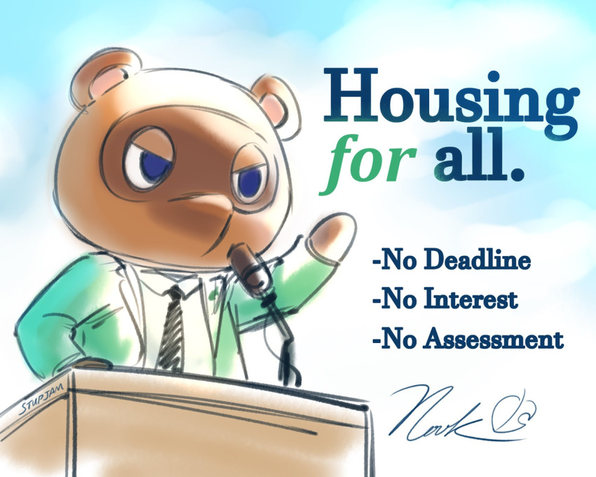 5:4 angry animal_crossing anthro blue_eyes brown_body brown_fur canid canine clothed clothing electronics english_text fur half-closed_eyes hi_res lectern male mammal microphone narrowed_eyes necktie nintendo raccoon_dog raised_arm round_ears solo stupjam suit tanuki text tom_nook_(animal_crossing) toony