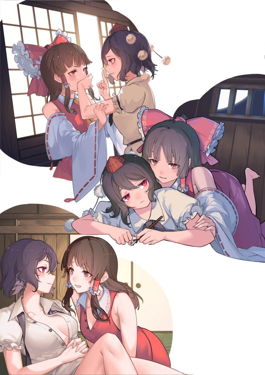 2girls ascot bad_id bad_pixiv_id black_hair bow breasts brown_eyes brown_hair covering_own_mouth detached_sleeves hair_between_eyes hair_tubes hairbow hakurei_reimu hat highres index_finger_raised light_smile long_hair looking_at_another lying lying_on_person medium_breasts moon multiple_girls multiple_views no_bra no_hair_bow no_headwear on_stomach pom_pom_(clothes) puffy_short_sleeves puffy_sleeves red_bow red_eyes red_headwear red_skirt red_vest ribbon-trimmed_sleeves ribbon_trim shameimaru_aya shirt short_hair short_sleeves sidelocks skirt skirt_set sleeveless small_breasts soku_(bluerule-graypray) tokin_hat touhou unbuttoned unbuttoned_shirt vest white_shirt wide_sleeves yellow_ascot yuri