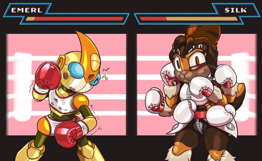 2022 anthro arachnid arthropod blue_eyes boxing boxing_gloves breasts brown_body brown_eyes brown_hair bruised_eye clothing cute_fangs damaged dcheese digital_media_(artwork) duo emerl fan_character female fighting_ring gameplay_mechanics gizoid gui hair hand_tuft handwear health_bar hi_res machine male multi_arm multi_eye multi_limb mygalomorph non-mammal_breasts orange_body robot sega sonic_the_hedgehog_(series) spider sport tarantula