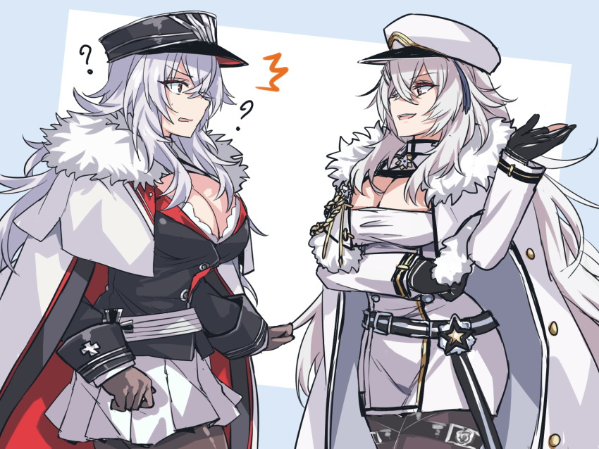 2girls ? arm_under_breasts azur_lane belt black_gloves black_hair black_thighhighs breasts cleavage cleavage_cutout clothing_cutout cross fur_trim gangut_(azur_lane) gloves graf_zeppelin_(azur_lane) grey_hair hair_between_eyes hand_up hat highres iron_cross jacket large_breasts long_hair look-alike luzi messy_hair military_hat multicolored_hair multiple_girls open_mouth pantyhose partially_fingerless_gloves peaked_cap red_eyes sidelocks skirt smile surprised thighhighs uniform very_long_hair white_hair white_headwear