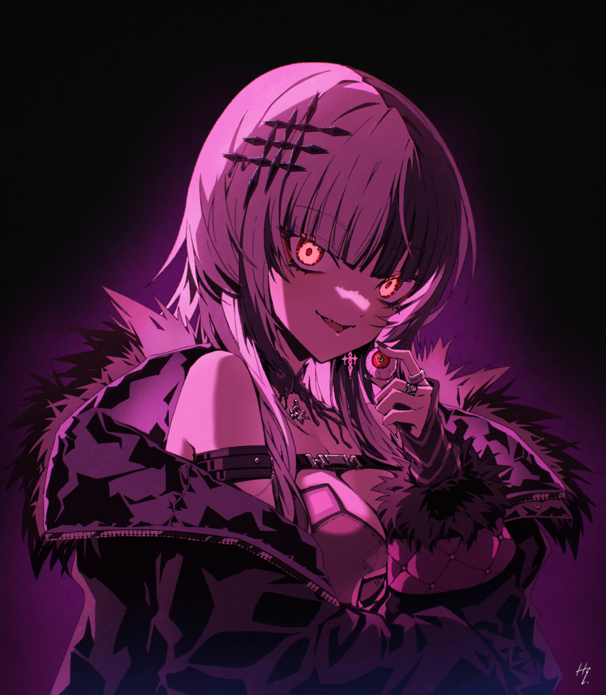 belt black_belt black_choker black_dress black_hair black_jacket black_nails blunt_bangs breasts chest_belt choker cleavage dress earrings english_commentary female fur-trimmed_jacket fur_trim hair_ornament highres holding_eyeball hololive hololive_english horror_(theme) jacket jewelry lace lace_choker large_breasts long_hair looking_at_viewer multicolored_hair multiple_rings nail_polish open_mouth parka purple_theme ring shiori_novella shiori_novella_(1st_costume) single_arm_guard solo split-color_hair taka_t upper_body virtual_youtuber white_hair yellow_eyes