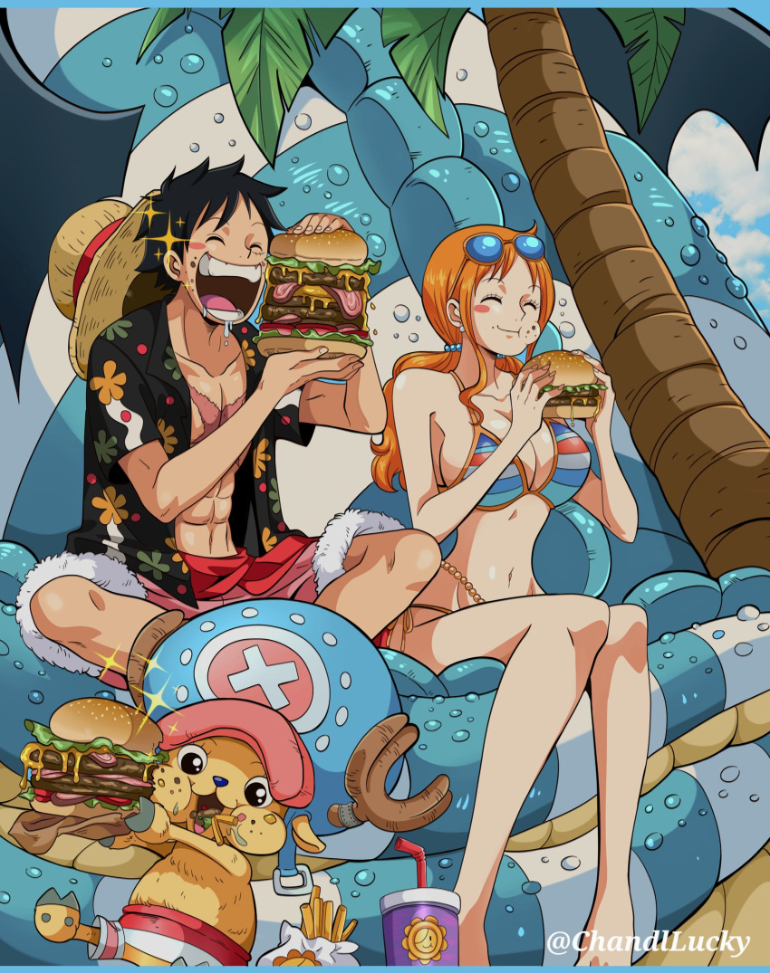 2boys abs animal animal_ears antlers antlers_through_headwear bare_shoulders bikini black_hair blue_sky breasts burger chandllucky closed_eyes cloud cloudy_sky collarbone cross_scar day deer_ears dragon drink drooling earrings eating eyewear_on_head female floral_print food food_in_mouth food_on_face french_fries happy hat highres holding holding_food horns indian_style jewelry large_breasts long_hair low_twintails monkey_d._luffy multiple_boys nami_(one_piece) navel one_piece open_clothes open_mouth open_shirt orange_hair outdoors palm_tree pearl_earrings reindeer reindeer_antlers scar scar_on_cheek scar_on_chest scar_on_face shorts single_sidelock sitting sky smile sparkle stomach straw_hat sunglasses swimsuit tony_tony_chopper tree twintails twitter_username