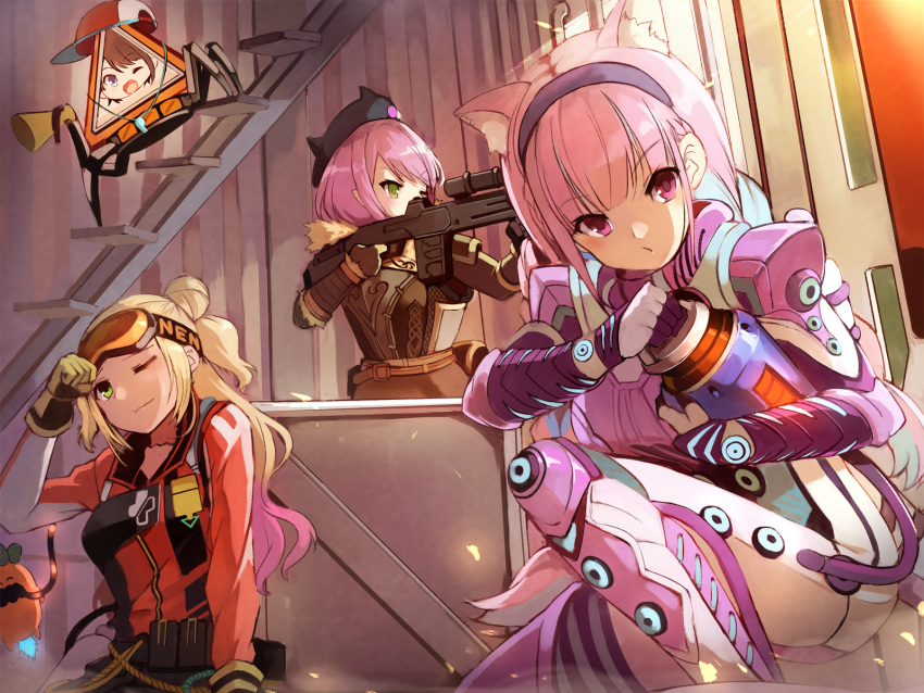 3girls ;) animal_ear_fluff animal_ears apex_legends arm_up baseball_cap beret black_hairband black_headwear blonde_hair bloodhound_(apex_legends) bloodhound_(apex_legends)_(cosplay) blue_hair bodysuit braid breasts brown_gloves brown_jacket cat_ears closed_mouth commentary_request cosplay fake_horns fang_out g7_scout gloves glowing green_eyes gun hair_bun hairband hat highres holding holding_gun holding_weapon hololive horizon_(apex_legends) horizon_(apex_legends)_(cosplay) horned_headwear horns jacket lifeline_(apex_legends) lifeline_(apex_legends)_(cosplay) long_hair loot_tick low_twintails medium_breasts megaphone minato_aqua momosuzu_nene multicolored_hair multiple_girls nekko_(momosuzu_nene) oerba_yun_fang on_one_knee one_eye_closed one_side_up oozora_subaru overfloater_horizon pink_bodysuit pink_hair purple_eyes red_eyes red_headwear red_jacket robot single_hair_bun smile sue_(bg-bros) tokoyami_towa twin_braids twintails two-tone_hair very_long_hair virtual_youtuber vital_signs_lifeline weapon whistle white_bodysuit wise_warrior_bloodhound