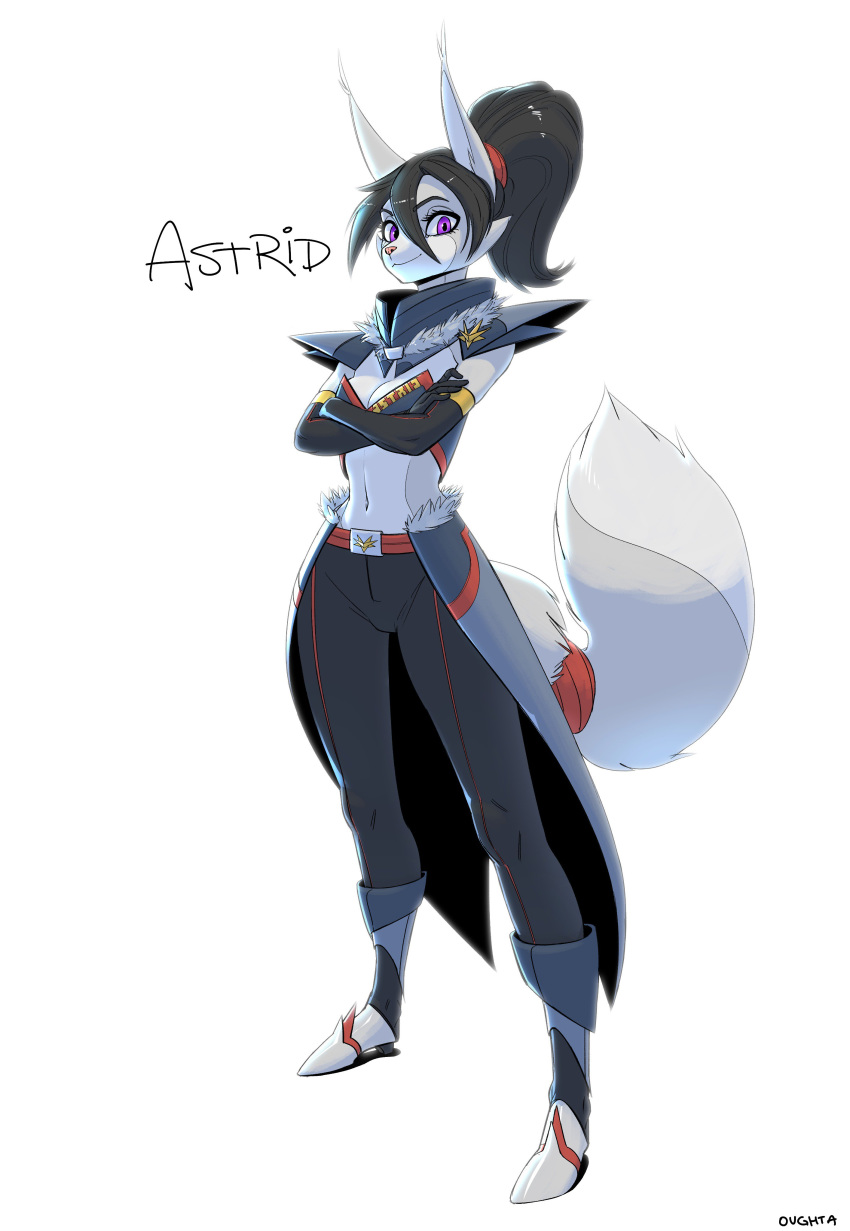 absurd_res anthro armwear astrid_(oughta) black_hair bottomwear breasts canid canine cleavage clothed clothing crossed_arms digital_media_(artwork) elbow_gloves female footwear fox fur gloves hair handwear hi_res looking_at_viewer mammal oughta pants ponytail pupils purple_eyes shaded shoes simple_background slit_pupils solo text text_on_clothing text_on_topwear topwear white_background white_body white_fur