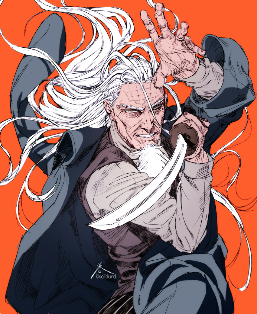 1boy beard facial_hair golden_kamuy hand_up highres hijikata_toshizou_(golden_kamuy) holding holding_sword holding_weapon long_hair long_sleeves looking_at_viewer male_focus orange_background simple_background solo sword thick_eyebrows twitter_username upper_body weapon white_hair yellow_eyes zifletts