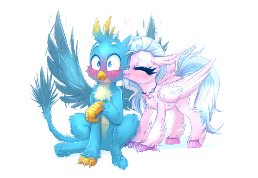 absurd_res avian beak blue_hair blue_pawpads blush claws closed_eyes confetticakez duo european_mythology eyebrows eyelashes feathered_wings feathers female feral folded_wings friendship_is_magic gallus_(mlp) greek_mythology gryphon hair hasbro hi_res hippogriff hooves jewelry kissing kissing_cheek male messy_tail my_little_pony mythological_avian mythological_creature mythology necklace pawpads raised_wings silverstream_(mlp) sitting tail toe_claws wing_boner wings