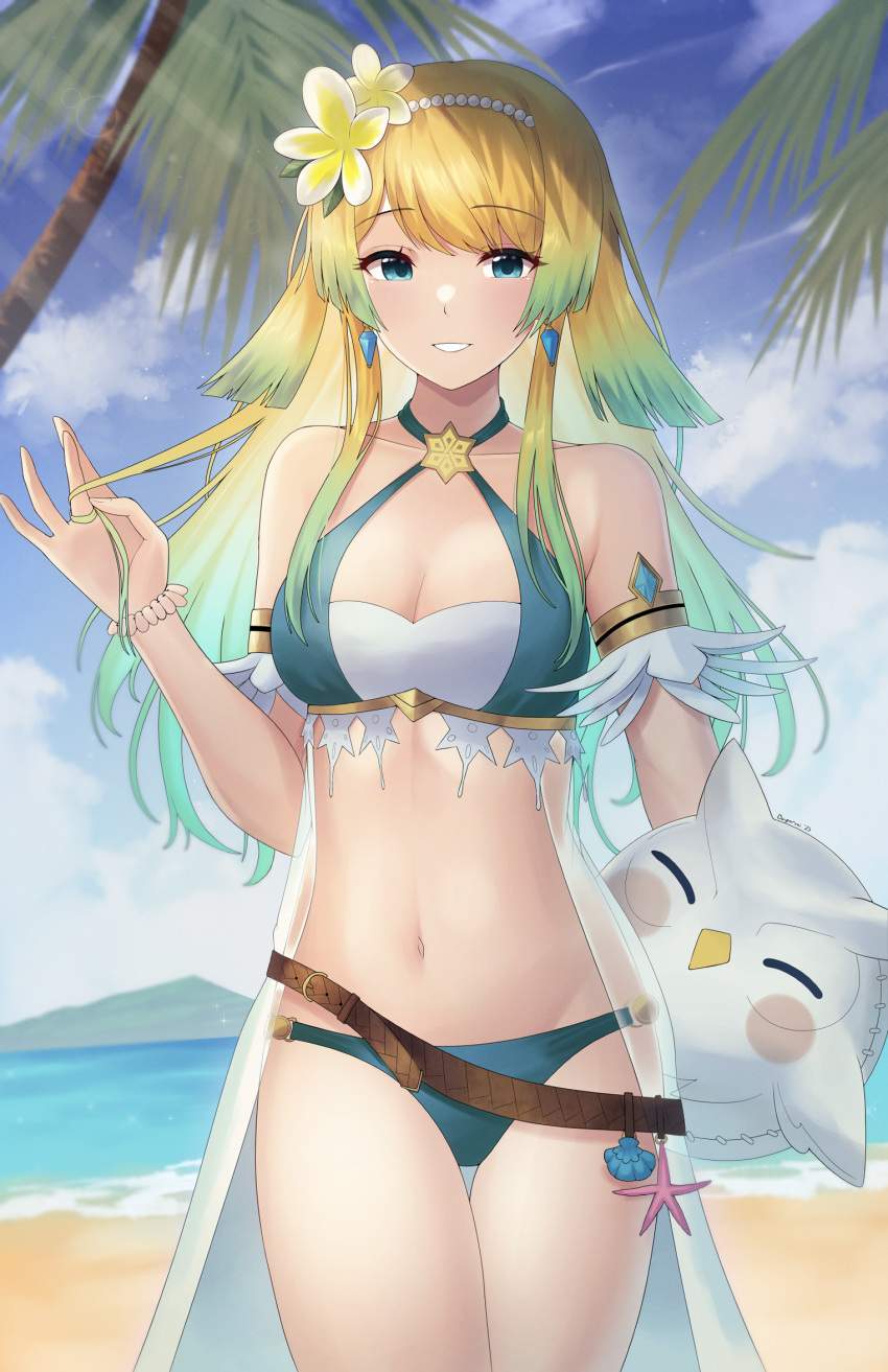 aqua_bikini armband beach bikini blonde_hair blue_eyes breasts character_doll doiparuni earrings english_commentary feh_(fire_emblem_heroes) female fire_emblem fire_emblem_heroes fjorm_(fire_emblem) fjorm_(ice_ascendant)_(fire_emblem) fjorm_(summer)_(fire_emblem) flower hair_flower hair_ornament highres inflatable_toy jewelry long_hair looking_at_viewer medium_breasts official_alternate_costume official_alternate_hairstyle outdoors parted_lips smile solo swimsuit twirling_hair