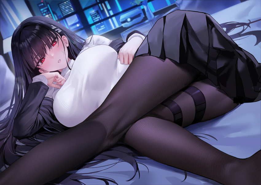 ass bed_sheet black_hair black_pantyhose black_skirt blue_archive blunt_bangs blush breasts bright_pupils building commentary_request female indoors large_breasts long_hair long_sleeves looking_at_viewer lying md5_mismatch night no_halo on_bed paid_reward_available pantyhose parted_lips rio_(blue_archive) senba_(592683801) skirt solo sweater thigh_strap white_pupils white_sweater window