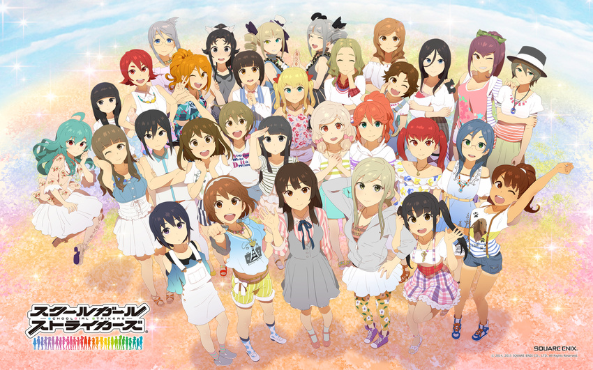 6+girls :3 ^_^ annotated aoi_uraba aoi_yukie asymmetrical_hair blonde_hair blue_eyes breasts brown_eyes brown_hair chitose_yui closed_eyes company_name copyright_name dress drill_hair everyone glasses hair_between_eyes hair_ribbon hairband haishima_isari haishima_kagari hat highres hime_cut hinomiya_niho ibuki_imina kannagi_shiori kobayashi_gen kurimoto_haruka kyoubashi_amane long_hair medium_breasts mini_hat mini_top_hat miyama_tsubame mole mole_under_eye momokawa_sasa morgana_(school_girl_strikers) multiple_girls namori_mana natsume_itsumi oerba_yun_fang official_art official_wallpaper one_eye_closed origami_akara origami_hina origami_koori own_hands_together pants ponytail red_eyes red_hair ribbon rinoda_mano sajima_yumi sakamiya_hotaru school_girl_strikers shinonome_ryouko shiranui_hazuki shoes short_hair siblings sisters smile sumihara_satoka suspenders takamine_ako tan tanaka_sachiko_(school_girl_strikers) tierra-sensei top_hat twins twintails uraba_aoi wakatsuki_chika wavy_hair yaginuma_io yamabuki_kaede_(school_girl_strikers) yukishiro_mari