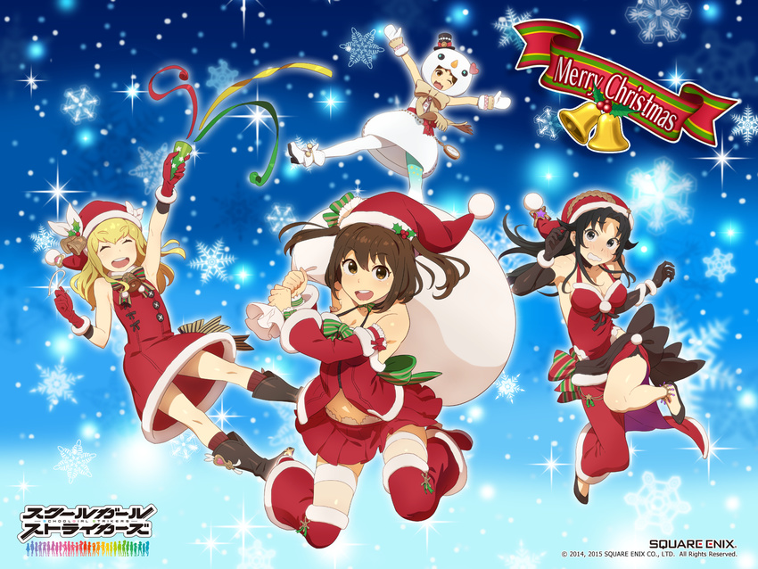 4girls :3 ^_^ bell black_eyes black_hair blush boots breasts brown_eyes christmas closed_eyes company_name copyright_name gloves hair_down hat highres hinomiya_niho kobayashi_gen long_hair medium_breasts merry_christmas multiple_girls oerba_yun_fang official_art official_wallpaper one_eye_closed open_mouth party_popper red_gloves ribbon sack sakamiya_hotaru santa_costume santa_hat school_girl_strikers short_hair smile snow snowflakes snowman_costume takamine_ako tanaka_sachiko_(school_girl_strikers) thighhighs twintails wavy_mouth