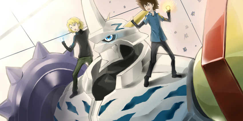 2boys armor blonde_hair blue_eyes brown_hair commentary_request digimon digimon_(creature) digimon_adventure dk_(13855103534) glowing highres horns ishida_yamato kuramon multiple_boys omegamon open_mouth short_hair shoulder_pads size_difference spikes yagami_taichi