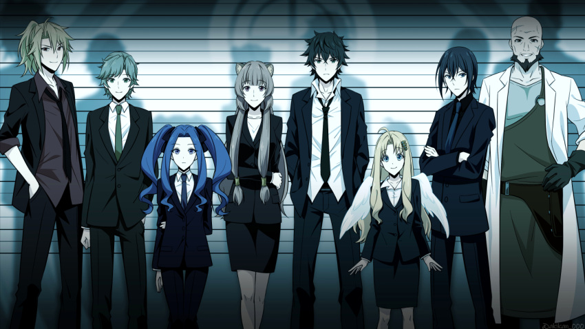 3girls 5boys akikan_ooo amaki_ren animal_ears bald bird_wings black_hair black_necktie black_pants black_shirt blonde_hair blue_eyes blue_hair blue_neckwear brown_eyes brown_hair business_suit commentary_request cosplay crossover erhard facial_hair feathered_wings filo_(tate_no_yuusha_no_nariagari) formal green_eyes green_neckwear iwatani_naofumi jacket kawasumi_itsuki kitamura_motoyasu lab_coat long_hair looking_at_viewer melty_q_melromarc multiple_boys multiple_girls necktie pant_suit pants parted_bangs pencil_skirt psycho-pass raccoon_ears raccoon_girl raphtalia red_shirt shirt short_hair skirt skirt_suit smile suit tate_no_yuusha_no_nariagari twintails white_shirt white_wings wings