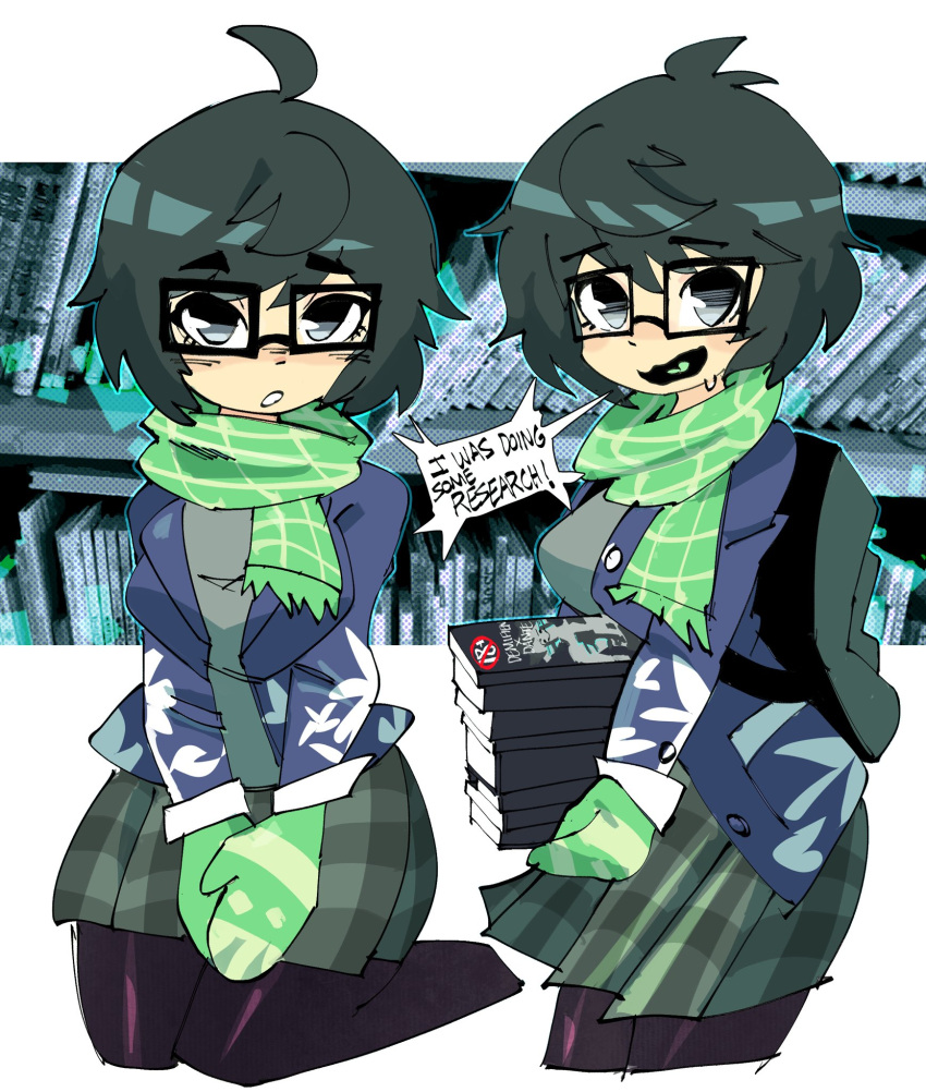 atsuta_miyazu black_hair breasts chibi demi-fiend embarrassed female glasses gloves highres jiansketch jouin_high_school_uniform large_breasts looking_at_viewer open_mouth scarf school_uniform shin_megami_tensei shin_megami_tensei_iii:_nocturne shin_megami_tensei_v short_hair simple_background wavy_hair