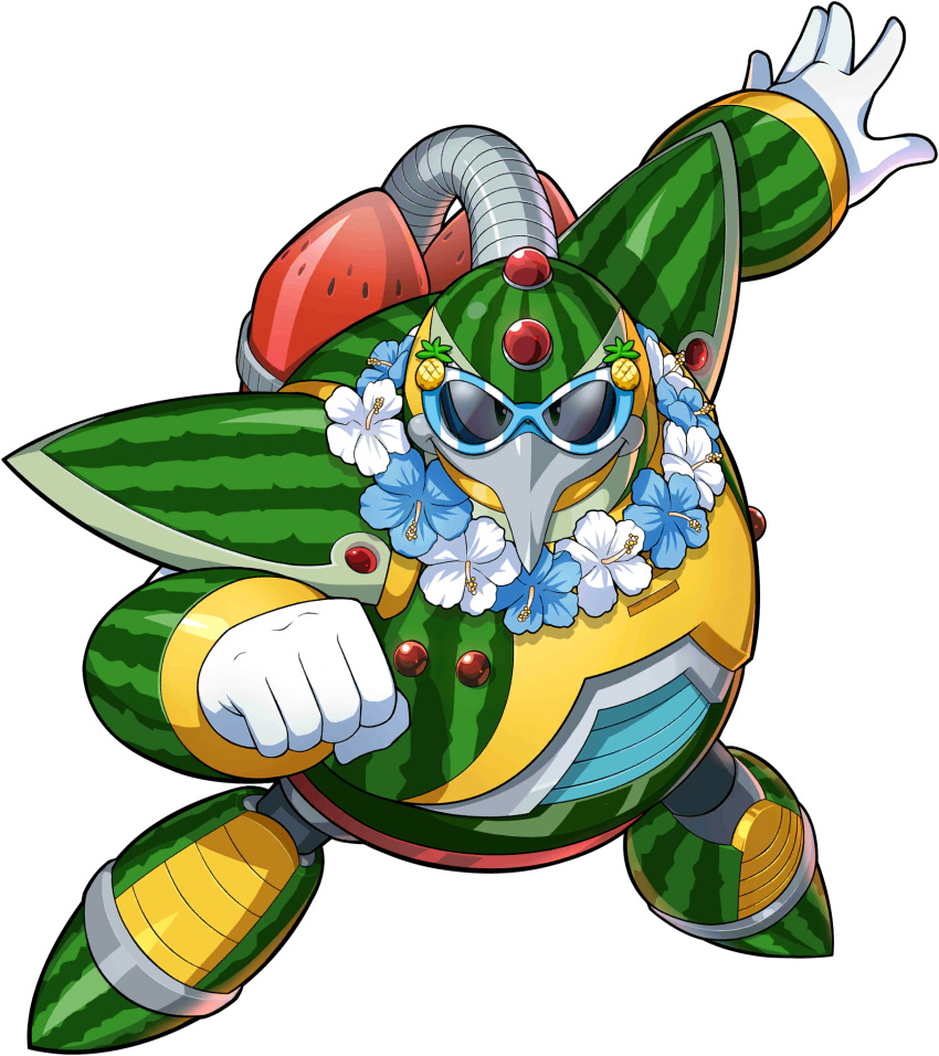 1boy android bird chill_penguin_(mega_man) flower flower_necklace food food_print fruit full_body highres jewelry looking_at_viewer male_focus mega_man_(series) mega_man_x1 mega_man_x_(series) mega_man_x_dive mizuno_keisuke necklace official_alternate_costume official_art penguin pineapple robot solo summer sunglasses third-party_source transparent_background watermelon watermelon_print