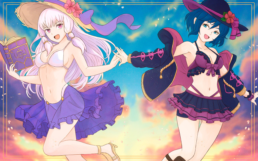 2girls :d absurdres adapted_costume alternate_costume alternate_eye_color bikini black_bikini black_skirt blue_eyes blue_hair book breasts cleavage collarbone fire_emblem fire_emblem:_three_houses fire_emblem_awakening flower front-tie_top hat high_heels highleg highleg_bikini highres holding holding_book layered_bikini long_hair long_sleeves lysithea_von_ordelia medium_breasts morgan_(female)_(fire_emblem) morgan_(fire_emblem) multicolored_bikini multicolored_clothes multiple_girls navel off_shoulder open_mouth pink_eyes purple_bikini purple_skirt robe sandals see-through see-through_skirt short_hair sideboob skirt smile sun_hat sunrise swimsuit truejekart two-tone_bikini white_bikini white_hair