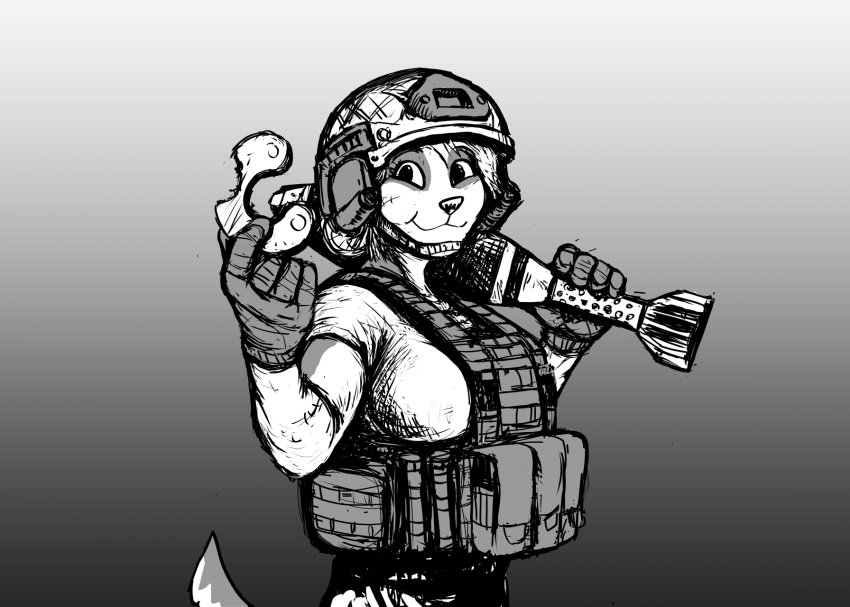 2023 anthro armor belt bomb canid canine canis domestic_dog eating explosives facial_scar female gradient_background greyscale headgear helmet hi_res hladilnik mammal military military_helmet monochrome mortar offering_to_viewer plate_carrier samantha_thott scar simple_background smile soldier solo utility_belt warrior