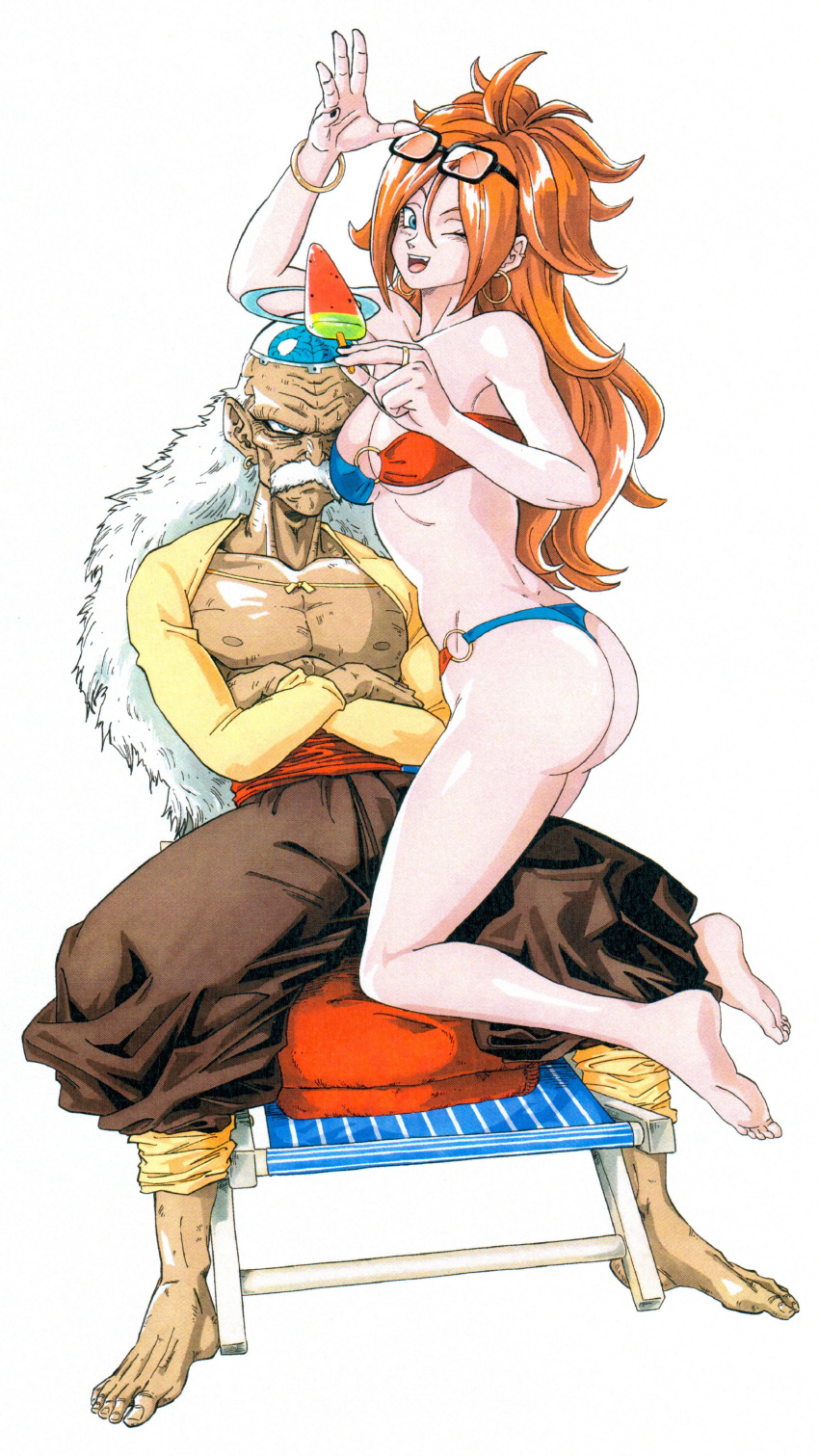 1boy absurdres android_21 ass barefoot between_breasts bikini black-framed_eyewear black_nails blue_bikini blue_eyes bracelet breasts brown_pants cleavage couple crossed_arms dark-skinned_male dark_skin dr._gero_(dragon_ball) dragon_ball dragon_ball_fighterz dragon_ball_z earrings english_commentary exposed_brain eyewear_on_head face_between_breasts facial_hair female food glasses gold_bracelet gold_earrings gold_ring hand_up head_between_breasts highres hoop_earrings husband_and_wife jewelry kneeling long_hair looking_at_viewer looking_back messy_hair moustache o-ring o-ring_bikini old old_man one_eye_closed open_mouth orange_hair pants popsicle red_bikini silverwoodwork sitting smile straight strapless strapless_bikini sweatdrop swimsuit two-tone_bikini underboob vomi_(dragon_ball) watermelon_bar white_background white_hair yellow_sleeves