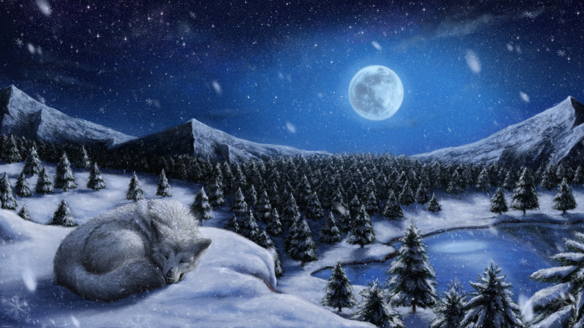 16:9 absurd_res ambiguous_gender argus_(argusthefluffywolf) canid canine canis closed_eyes feral fur grey_body grey_fur hi_res lake lying mammal moon night on_front outside scarlanya sleeping snow snowing solo star white_body white_fur widescreen wolf