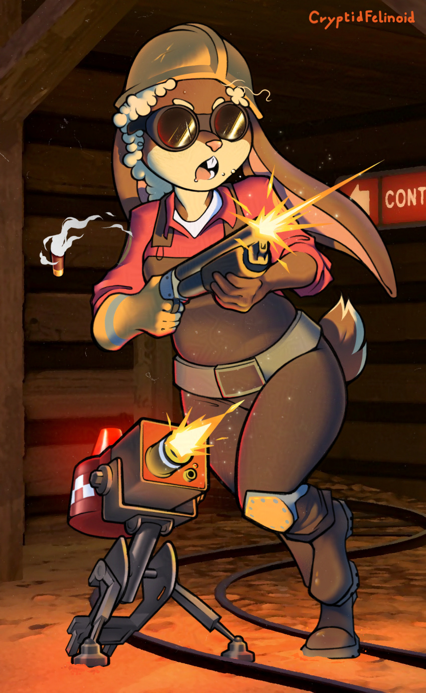 action_pose anthro armor belt blonde_hair bodily_fluids boots brown_body brown_fur clothing cosplay cryptidfelinoid detailed_background engineer_(team_fortress_2) female footwear fur gloved_hand gun gunshot hair hard_hat headgear helmet hi_res knee_pads lagomorph leporid long_ears mammal mini_sentry overalls pose rabbit ranged_weapon red_clothing red_shirt red_topwear saliva scut_tail sentry_gun_(team_fortress_2) shell_(projectile) shirt shoes shooting_gun short_tail shotgun shotgun_shell smoke solo sparks tail team_fortress_2 topwear valve weapon welding_goggles yelling