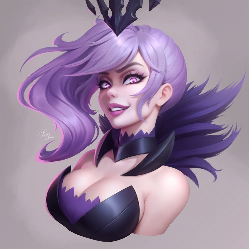 bare_shoulders breasts brown_background cleavage cropped_torso elementalist_lux female grin highres large_breasts league_of_legends long_hair lux_(league_of_legends) pink_eyes pink_hair pink_lips side_ponytail simple_background smile solo teeth tsun-chan