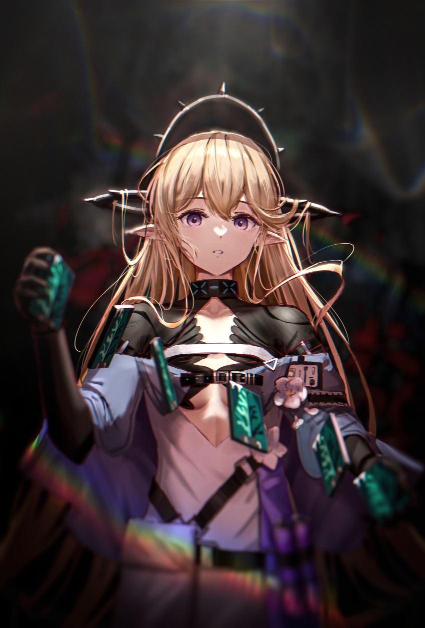 absurdres arknights belt black_gloves black_sleeves blonde_hair blurry blurry_background blurry_foreground breasts card chinese_commentary choker clothing_request commentary_request dark_background female floating_card gloves highres holding holding_card indigo_(arknights) lens_flare light_blush long_hair long_sleeves looking_at_viewer parted_lips pointy_ears purple_eyes ressec scared shirt small_breasts solo standing underboob upper_body white_shirt