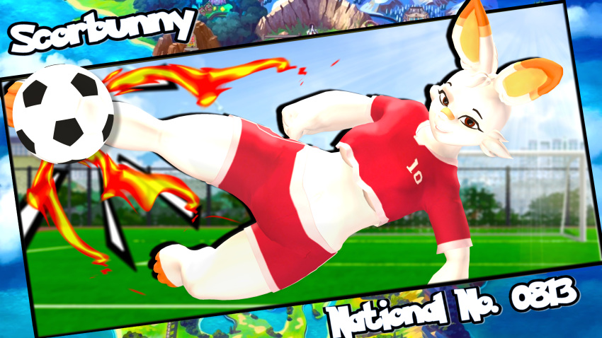 16:9 3d_(artwork) 4k absurd_res anthro breasts clothing digital_media_(artwork) feet female fire football_field fur generation_8_pokemon hi_res mepel nintendo outlined paws pokemon pokemon_(species) rabbit_ears scorbunny soccer solo sport thick_thighs uniform widescreen