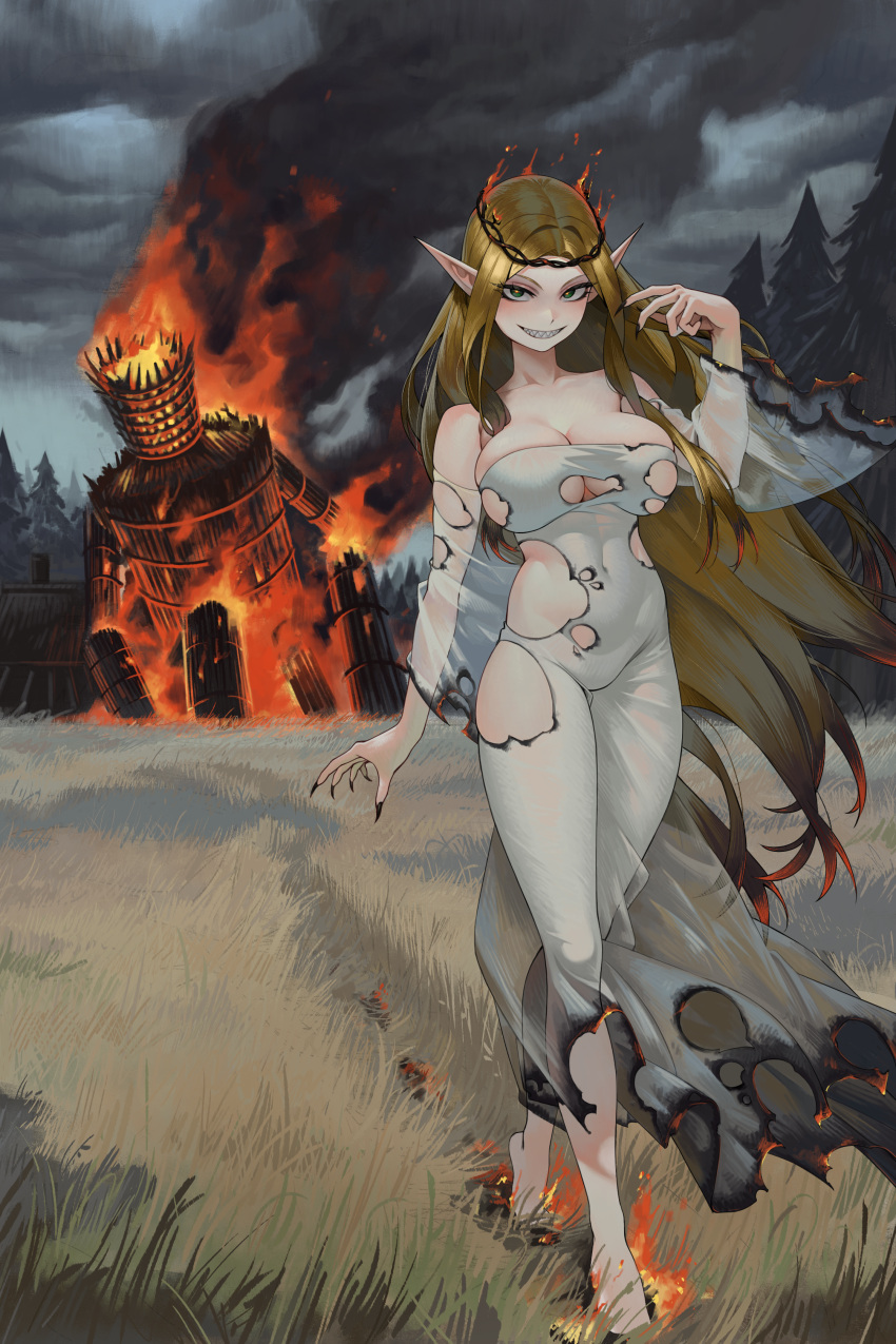 absurdres barefoot blonde_hair breasts burnt_clothes burnt_hair circlet dress elf female fingernails fire forest gemi_ningen grasslands green_eyes grin highres house large_breasts long_fingernails long_hair looking_at_viewer nature on_grass original pathfinder pointy_ears sharp_fingernails sharp_teeth skindentation smile smoke solo teeth torn_clothes very_long_hair white_dress wicker_man witch