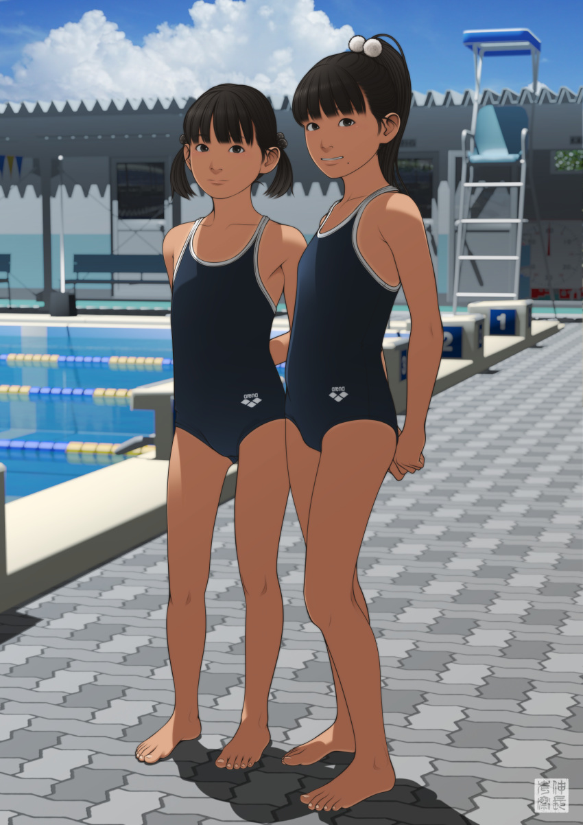 2girls arms_behind_back bare_shoulders barefoot black_hair blue_sky blunt_bangs blurry cloud cloudy_sky competition_school_swimsuit day depth_of_field expressionless full_body grey_eyes hair_bobbles hair_ornament highres looking_at_viewer mole mole_on_cheek multiple_girls one-piece_swimsuit original outdoors ponytail pool poolside school_swimsuit seal_script shinchou_ni_kansuru_kousatsu sky smile swimsuit tan tanlines twintails