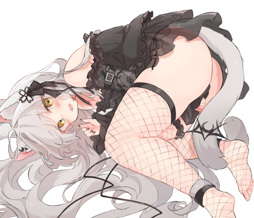 ahoge animal_ear_fluff animal_ear_piercing animal_ears arm_between_legs ass bare_shoulders black_dress black_flower black_nails black_ribbon blush cat_ears cat_girl cat_tail commission detached_sleeves dress female fetal_position fishnet_thighhighs fishnets flower foot_out_of_frame frilled_dress frills grey_hair hair_flower hair_ornament hair_ribbon highres indie_virtual_youtuber long_hair looking_at_viewer lying nekonika_(e102k) on_side parted_lips ribbon see-through see-through_dress simple_background skeb_commission solo tail tail_ornament thighhighs white_background white_hair yazuki_(vtuber) yellow_eyes