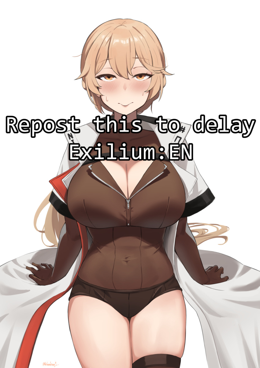 arm_support artist_name blonde_hair blush breasts cleavage closed_mouth coat cowboy_shot english_commentary english_text female girls'_frontline girls'_frontline_2:_exilium hair_between_eyes highres kion-kun large_breasts long_hair looking_at_viewer micro_shorts open_clothes open_coat orange_eyes ots-14_(girls'_frontline) shorts simple_background solo straight-on sweat twitter_username white_background white_coat