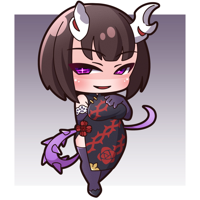 +_+ absurdres black_dress black_footwear blush breasts brown_hair chibi china_dress chinese_clothes commentary_request dress elbow_gloves eriko_(princess_connect!) female full_body gloves gradient_background grey_background hand_on_own_chest hand_up highres horns large_breasts looking_at_viewer princess_connect! purple_eyes purple_gloves purple_thighhighs saishosaisekojo shaded_face shoes sleeveless sleeveless_dress smile solo spiked_tail standing standing_on_one_leg tail thighhighs