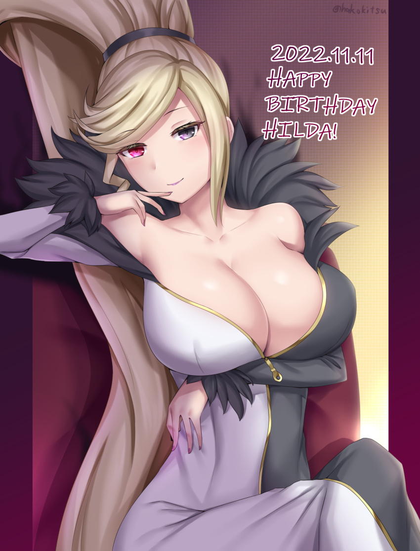 absurdly_long_hair bare_shoulders black_eyes blonde_hair breasts cleavage dated dress female fur_trim happy_birthday heterochromia high_ponytail highres hilda_(under_night_in-birth) large_breasts long_dress long_hair looking_at_viewer multicolored_clothes multicolored_dress off-shoulder_dress off_shoulder ponytail red_eyes sitting smile solo soukitsu swept_bangs twitter_username two-tone_dress under_night_in-birth very_long_hair