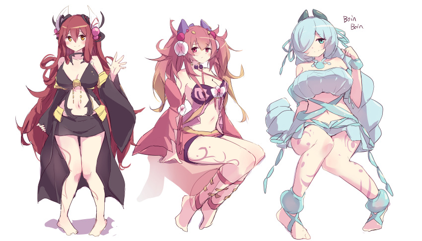 3girls absurdres barefoot blue_eyes blue_hair breasts camisole cleavage crop_top detached_sleeves duel_monster full_body highres horns huge_breasts kanzakietc large_breasts looking_at_viewer midriff multiple_girls navel pink_eyes pink_hair red_eyes red_hair traptrix_allomerus traptrix_arachnocampa traptrix_mantis yu-gi-oh!