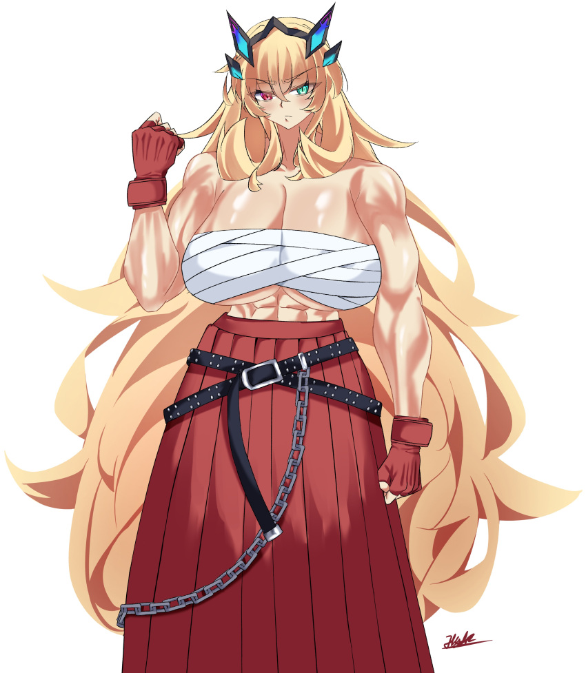 abs absurdres barghest_(fate) blonde_hair blue_archive breasts chains character_request cleavage cosplay cosplay_request fate/grand_order fate_(series) female gloves green_eyes heterochromia highres huge_breasts hydra_(kuzuryuu9) long_skirt looking_at_viewer muscular muscular_female red_eyes red_gloves sarashi skirt solo tiara white_background